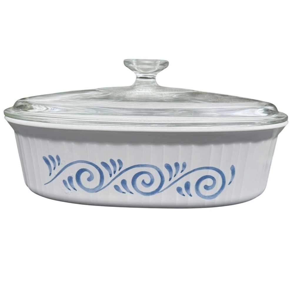vintage Corning Ware Ocean View casserole dish blue wave‎ design Pyrex Glass Lid